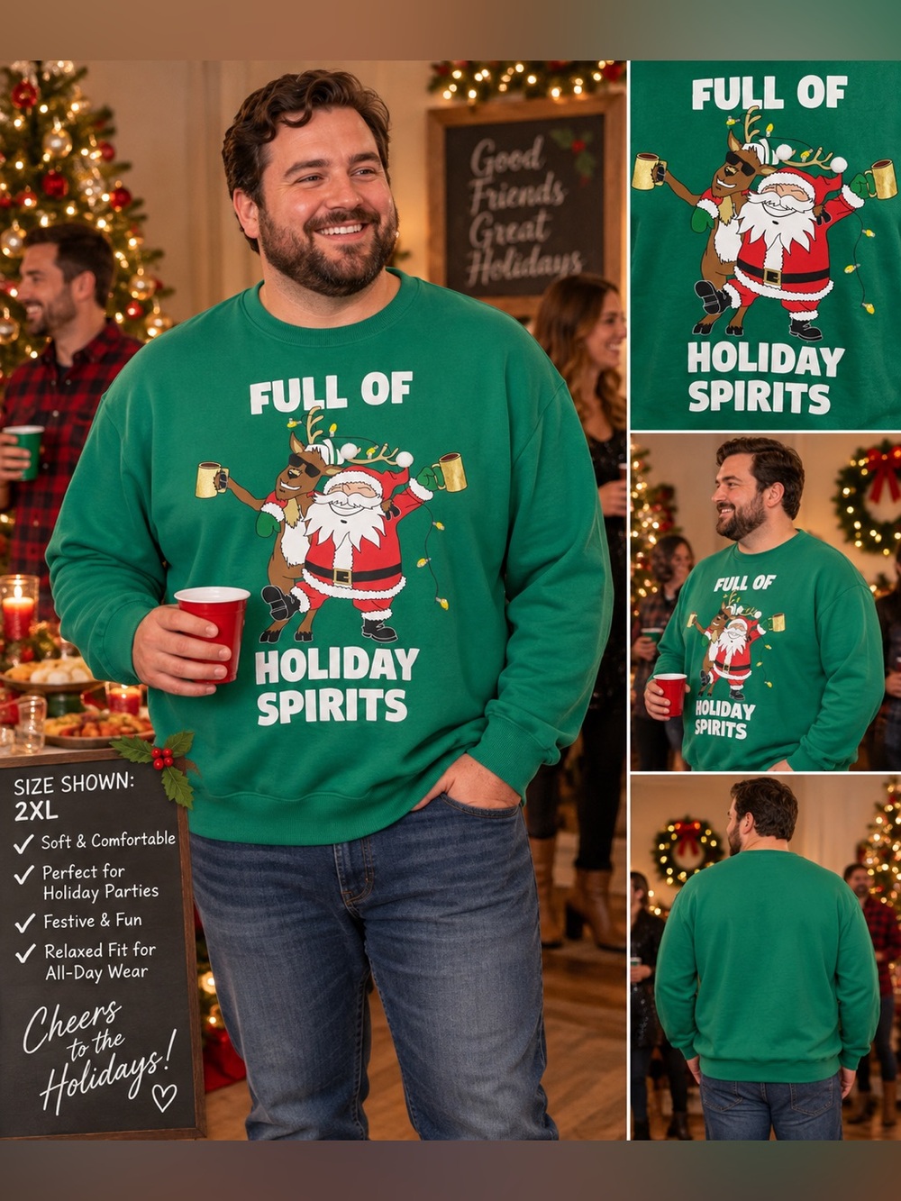 Holiday Time Green 'Full of Holiday Spirits' Crewneck Sweatshirt LIGHT UP
